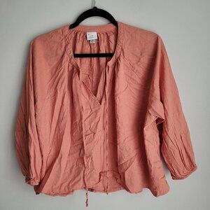 A New Day Peach Linen Blend High Low Split Neck Ties Elastic Cuffs Boho Top